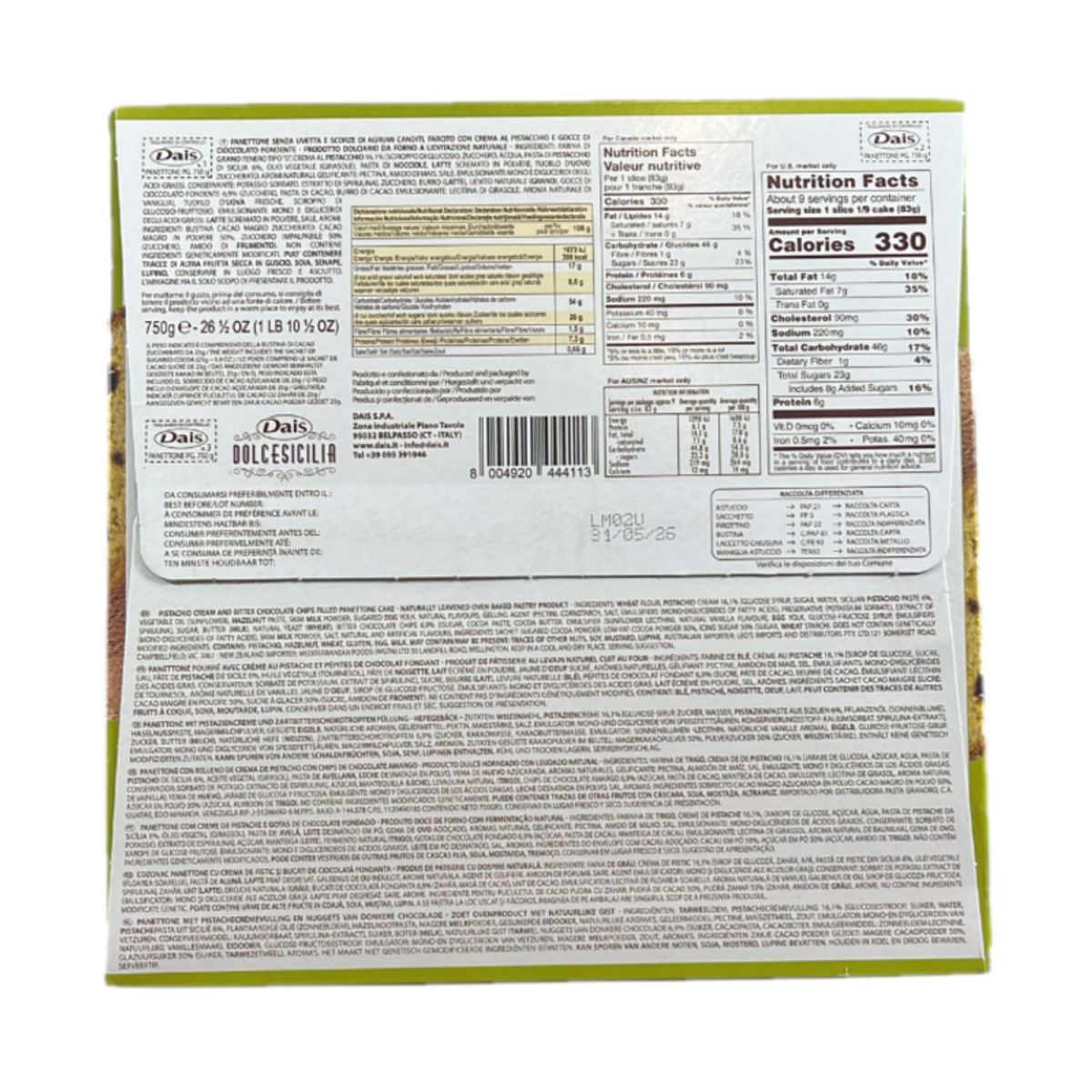 Panettone Dais Corazón Siciliano Dolcesicilia Dais 750g – Con Crema de Pistacho Siciliano y Gotas de Chocolate Negro – Especialidad Artesanal Siciliana 3 Piezas
