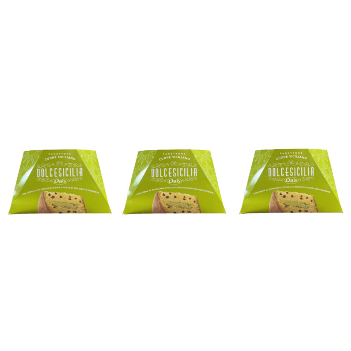 Panettone Dais Corazón Siciliano Dolcesicilia Dais 750g – Con Crema de Pistacho Siciliano y Gotas de Chocolate Negro – Especialidad Artesanal Siciliana 3 Piezas
