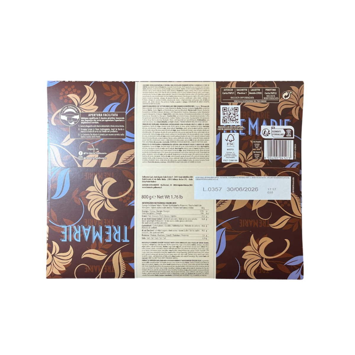 Tre Marie Colomba Re Noir with Extra Dark Chocolate 800 Gr