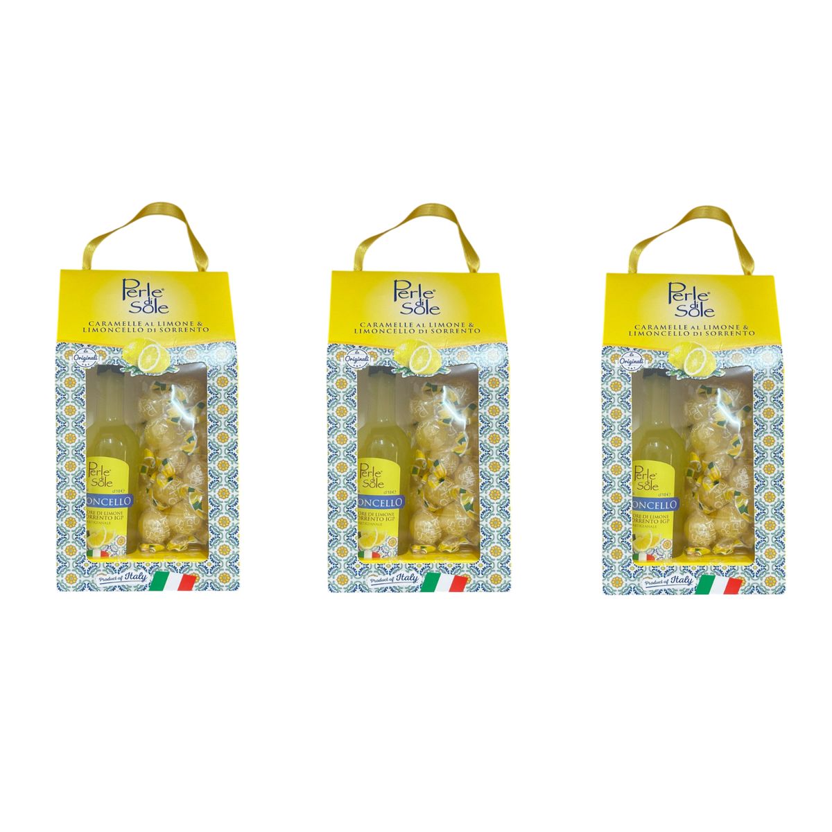 Perle di Sole Zitronen- und Limoncello di Sorrento g.g.A. Pralinen in Geschenkbox, 170 g + 10 cl – 3 Stück