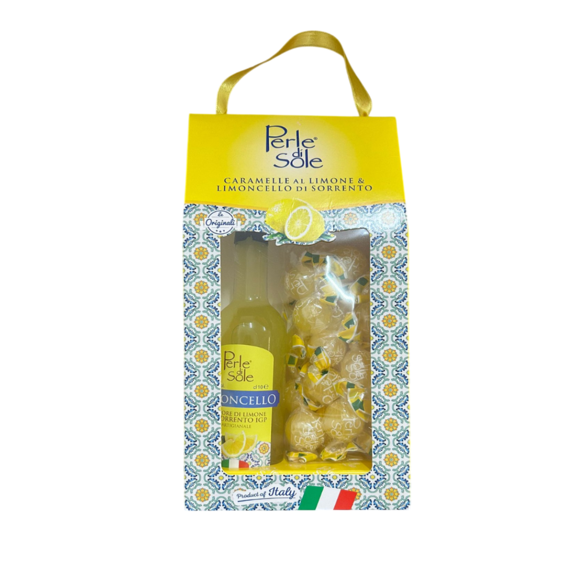 Perle di Sole Zitronenbonbons und Sorrento Limoncello g.g.A. Geschenkbox 170 g + 10 cl