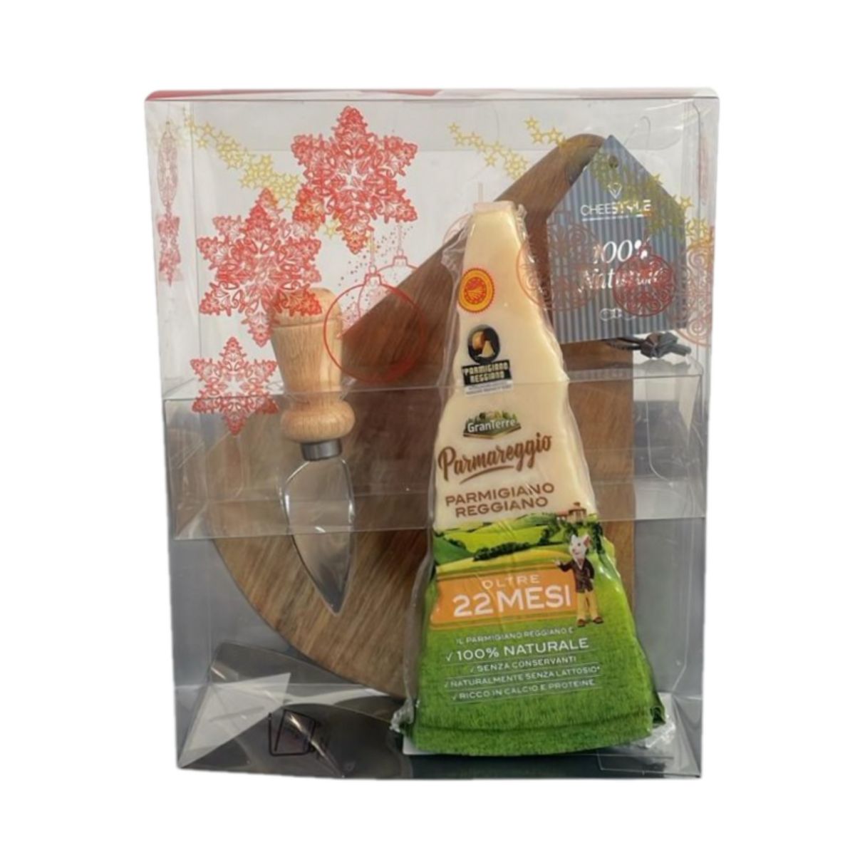 Gift Box Parmareggio con Parmigiano Reggiano 22 Mesi, Tagliere in Legno e Coltello – Edizione Natalizia 100% Naturale