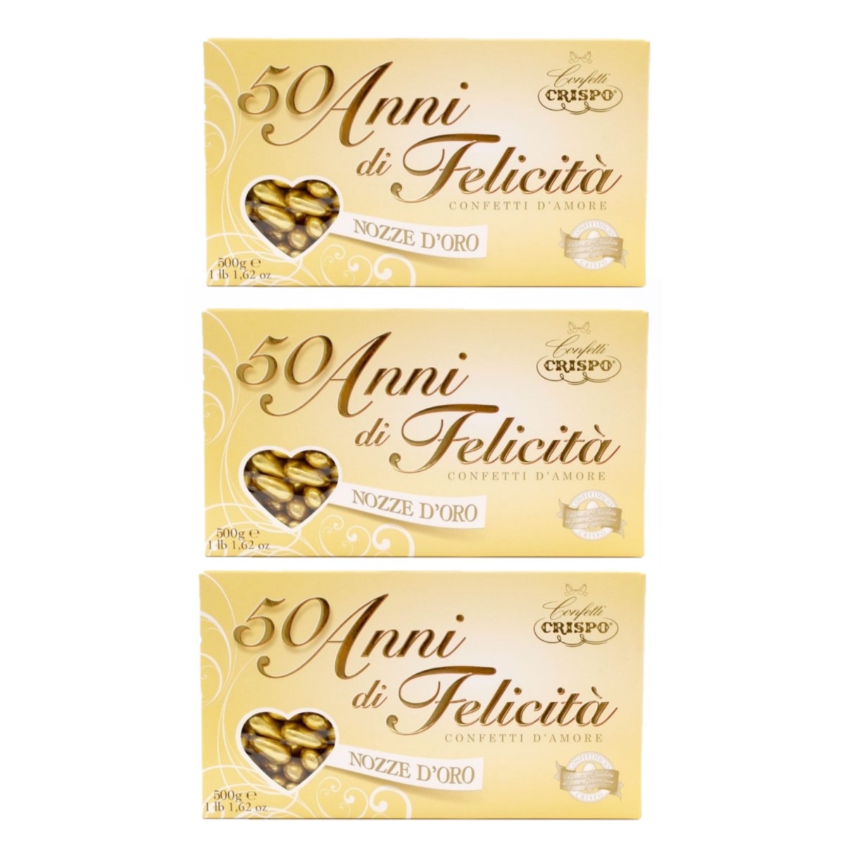 Crispo Confetti 50 ans de bonheur dragée aux amandes extra pelées enveloppées d'or 500gr 3 pièces.
