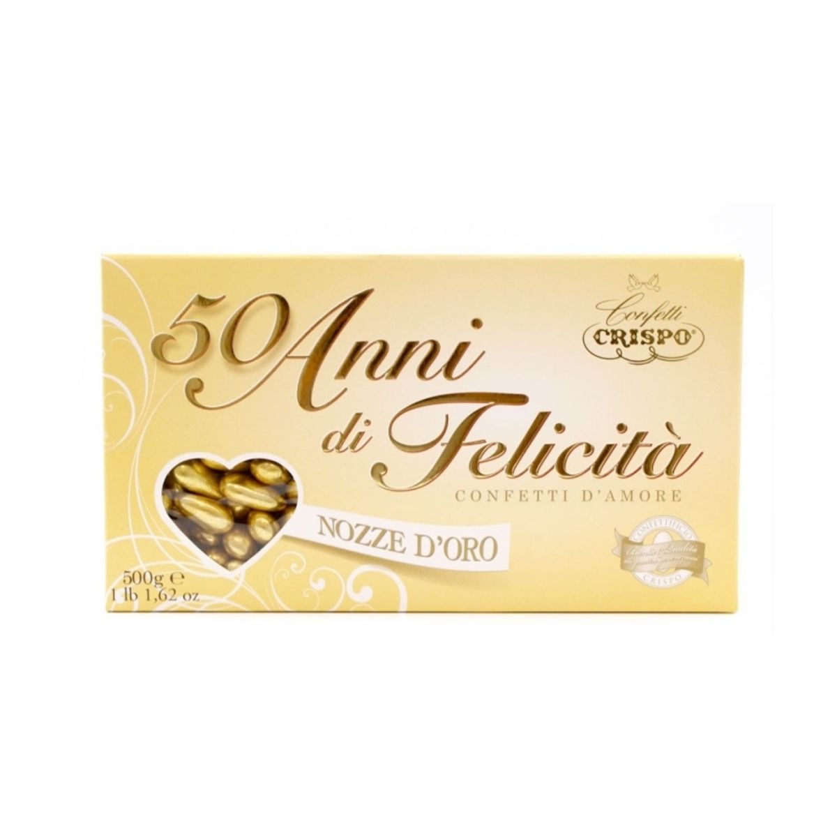 Crispo Confetti 50 ans de Bonheur dragée amande extra pelée enveloppée d'or 500 Gr.