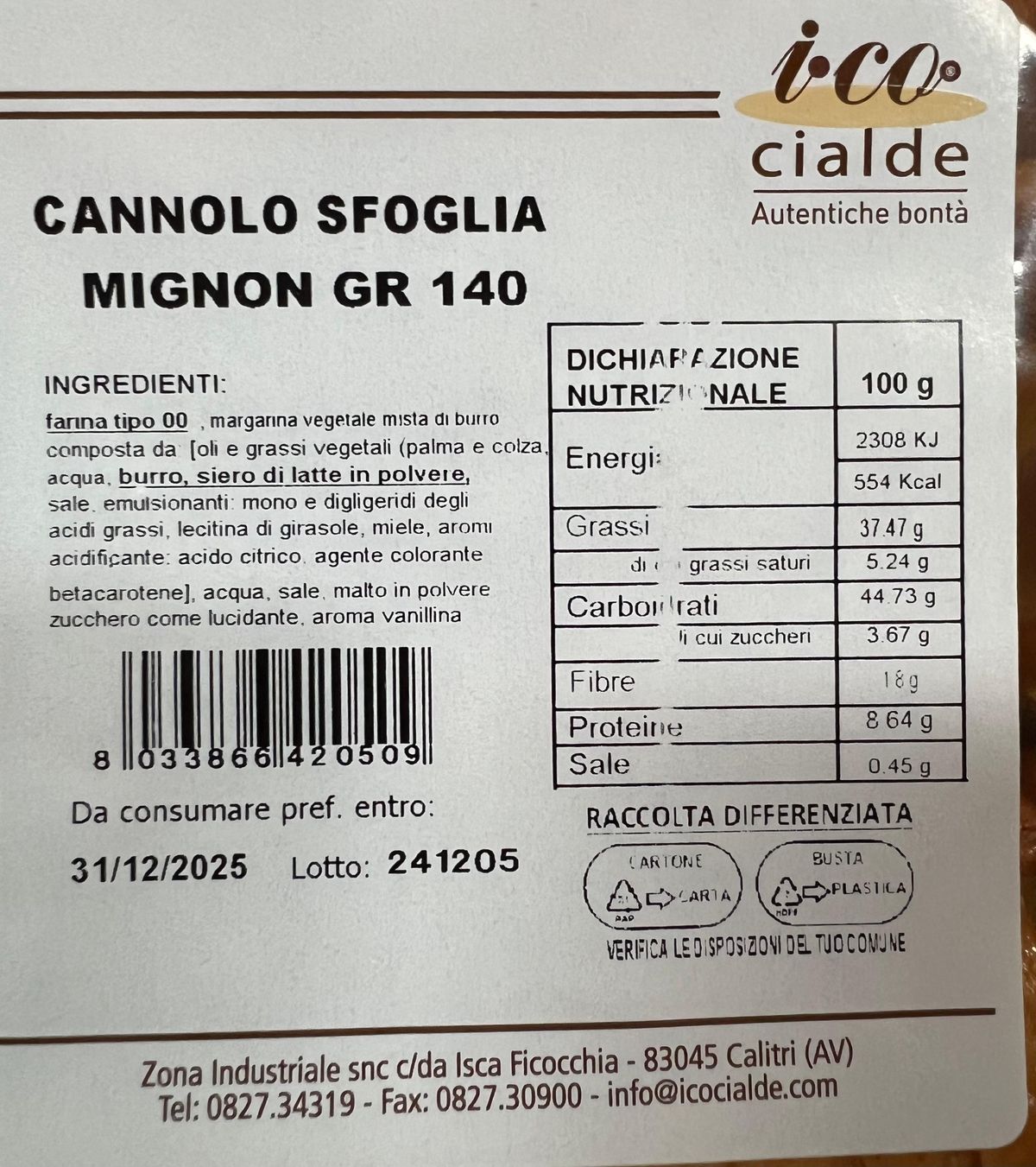 I.CO Cialde cannolo sfoglia Mignon 140 Gr.