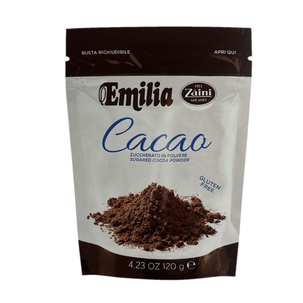 Emilia Zaini Sweetened Cocoa 120g – Resealable Bag, Gluten-Free, Ideal for Desserts and Drinks