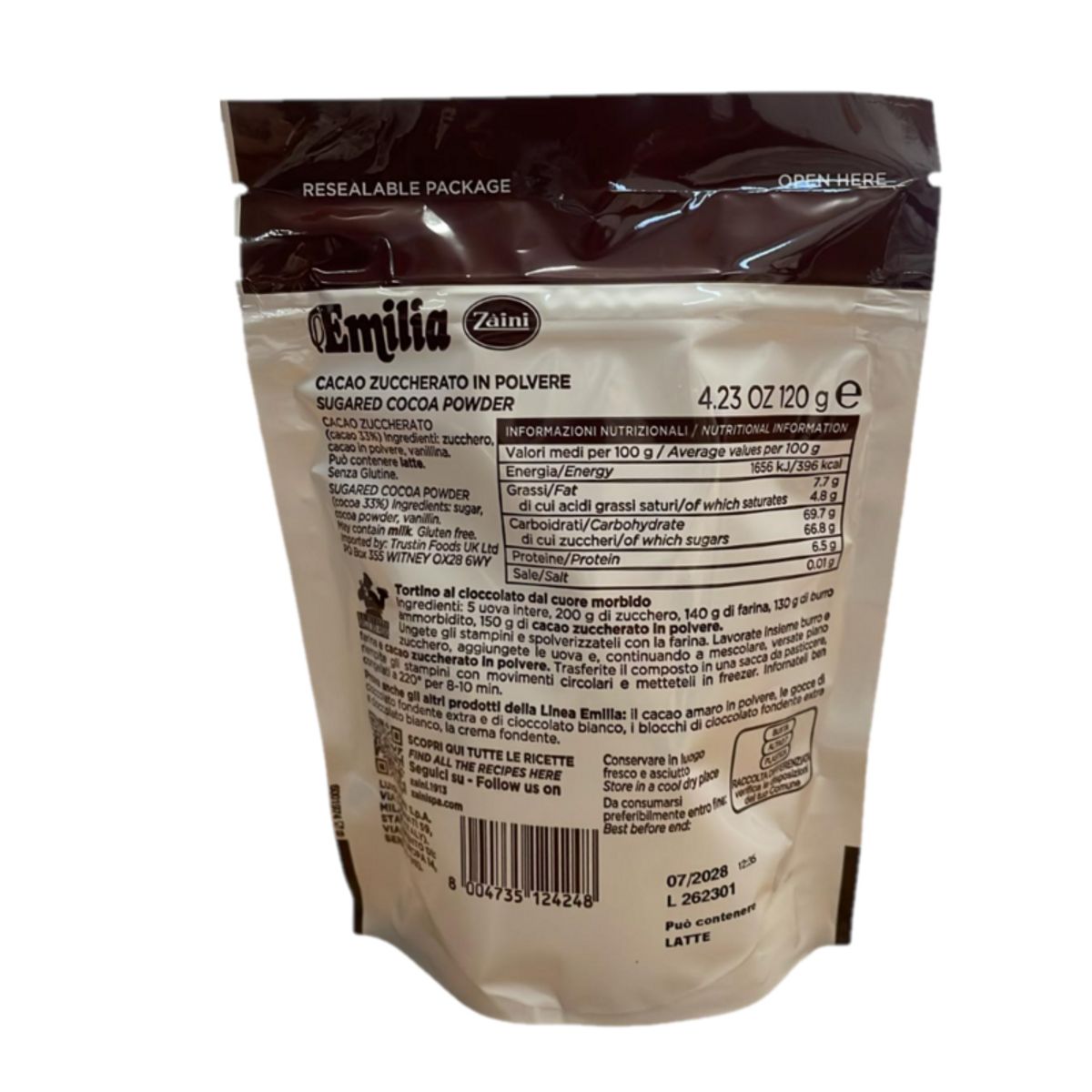 Emilia Zaini Sweetened Cocoa 120g – Resealable Bag, Gluten-Free, Ideal for Desserts and Drinks