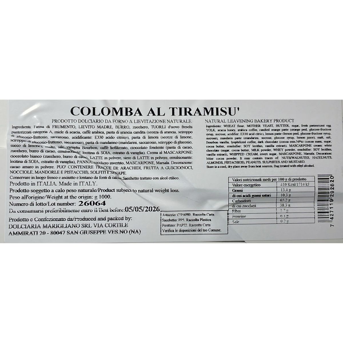 iMarigliano Tiramisu Colomba 1 kg
