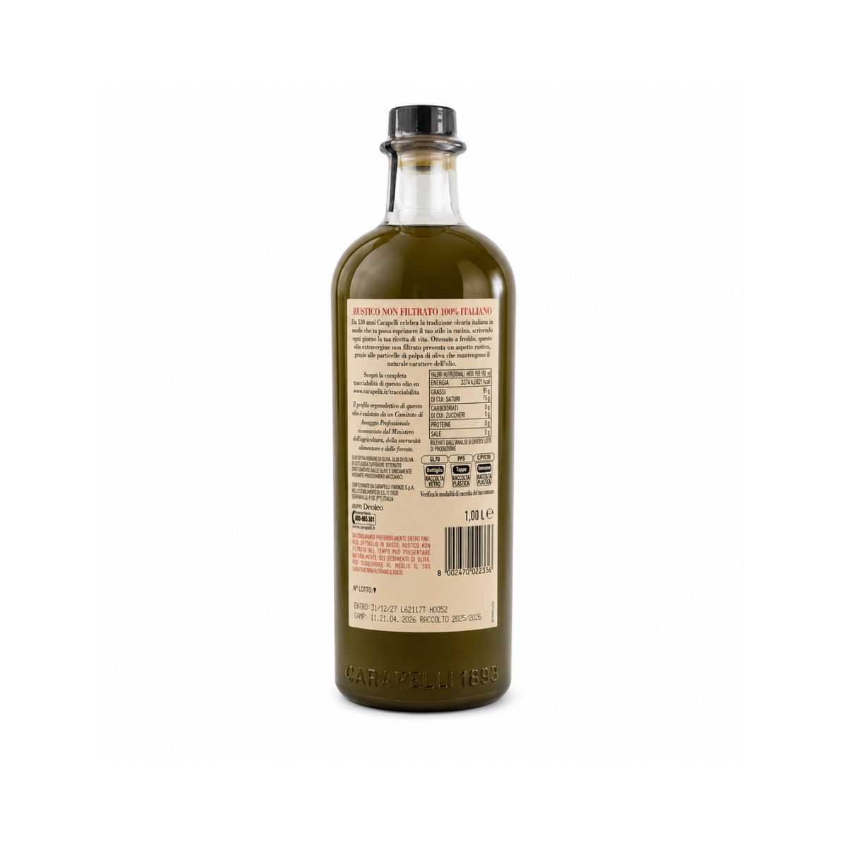 Carapelli Rustico Unfiltered Extra Virgin Olive Oil 100% Italian 1 L