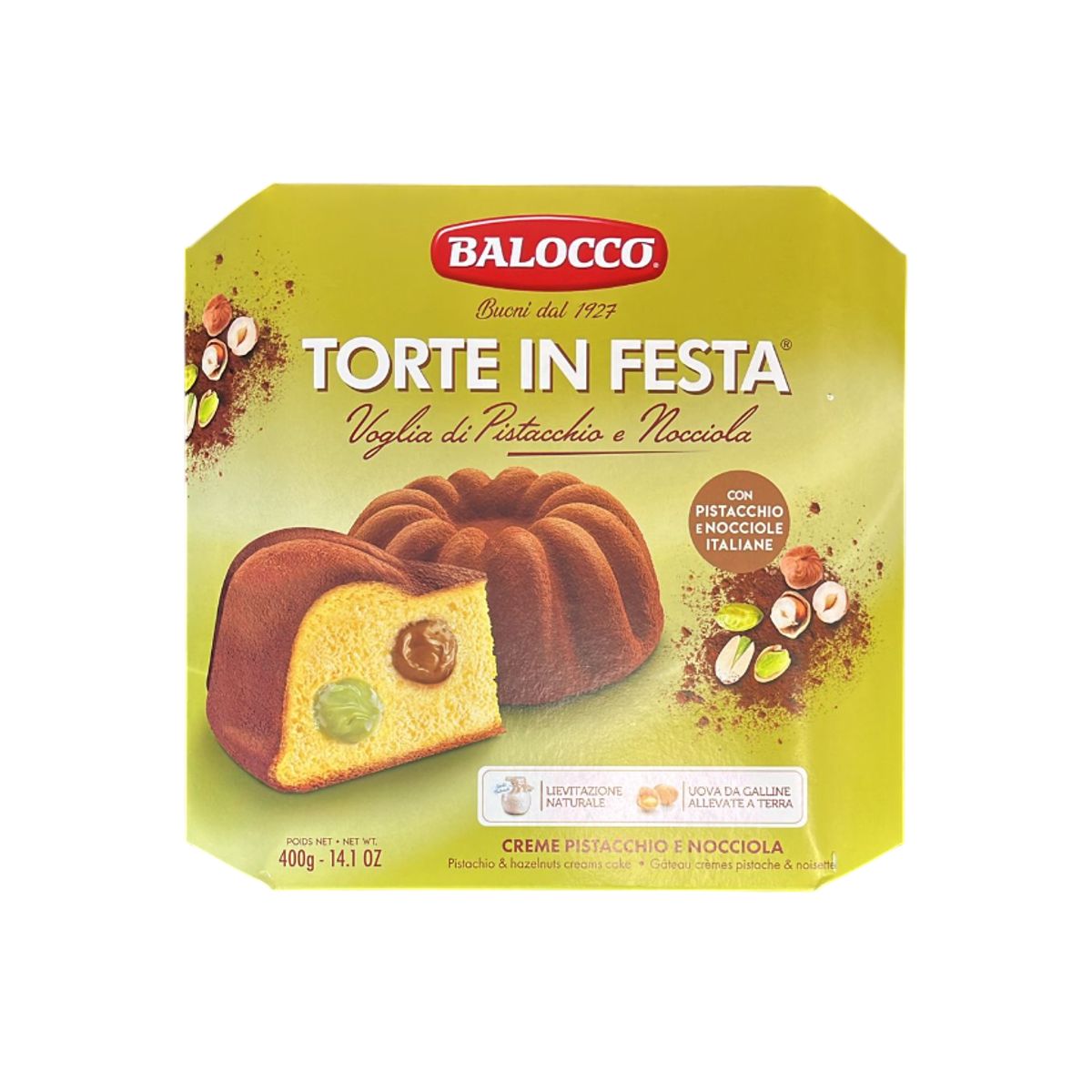 Torta Balocco en Festa de Pistacho y Avellana 400g – Pastel suave relleno de crema de pistacho y avellana, una delicia tradicional italiana