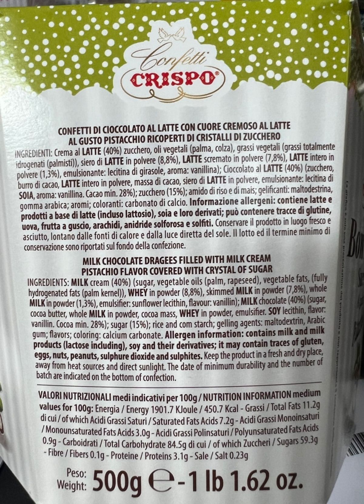 Crispo Confetti Bon Bon Sucré Pistacchio 500 Gr.