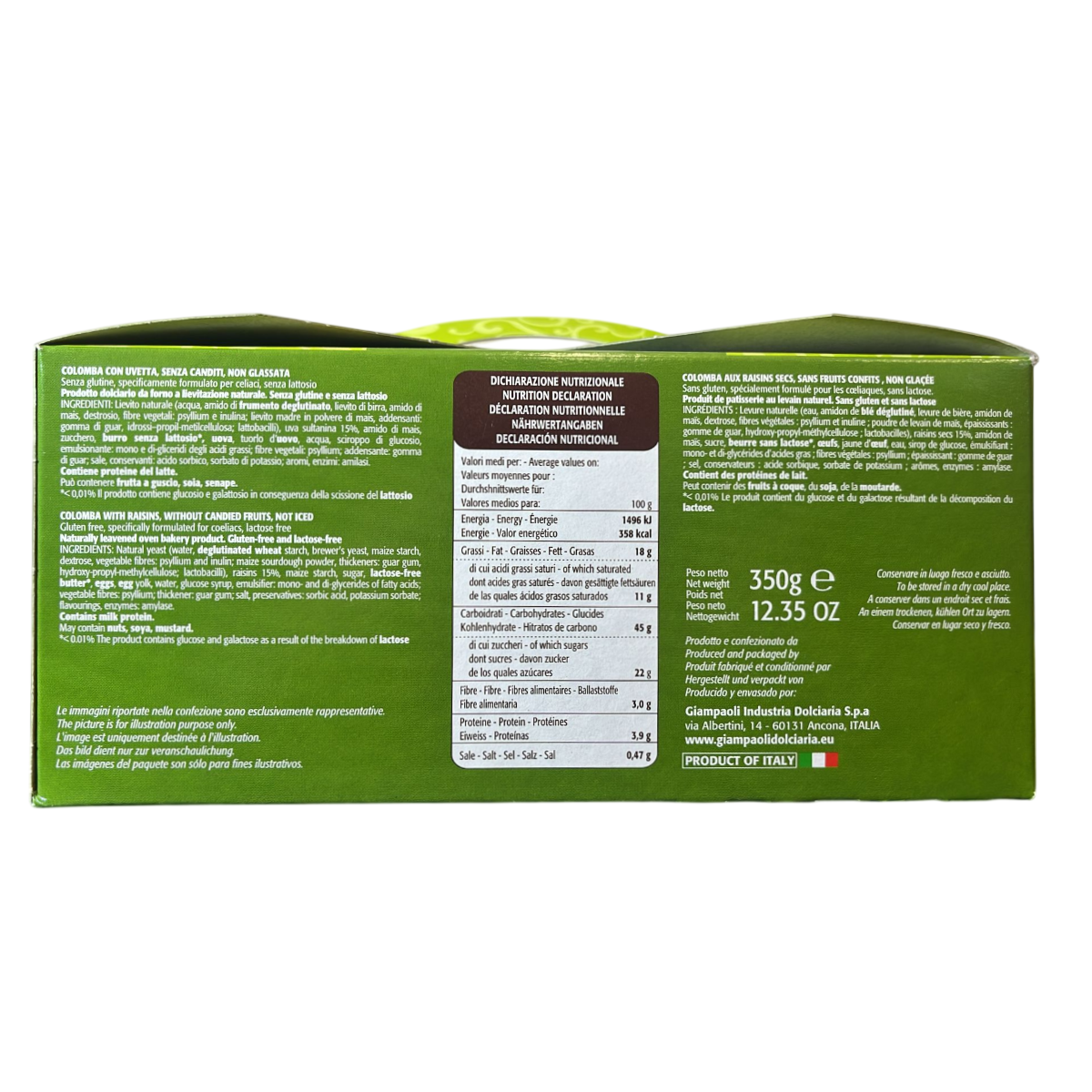Giampaoli Colomba mit Rosinen, ohne kandierte Früchte, gluten- und laktosefrei, 350 g