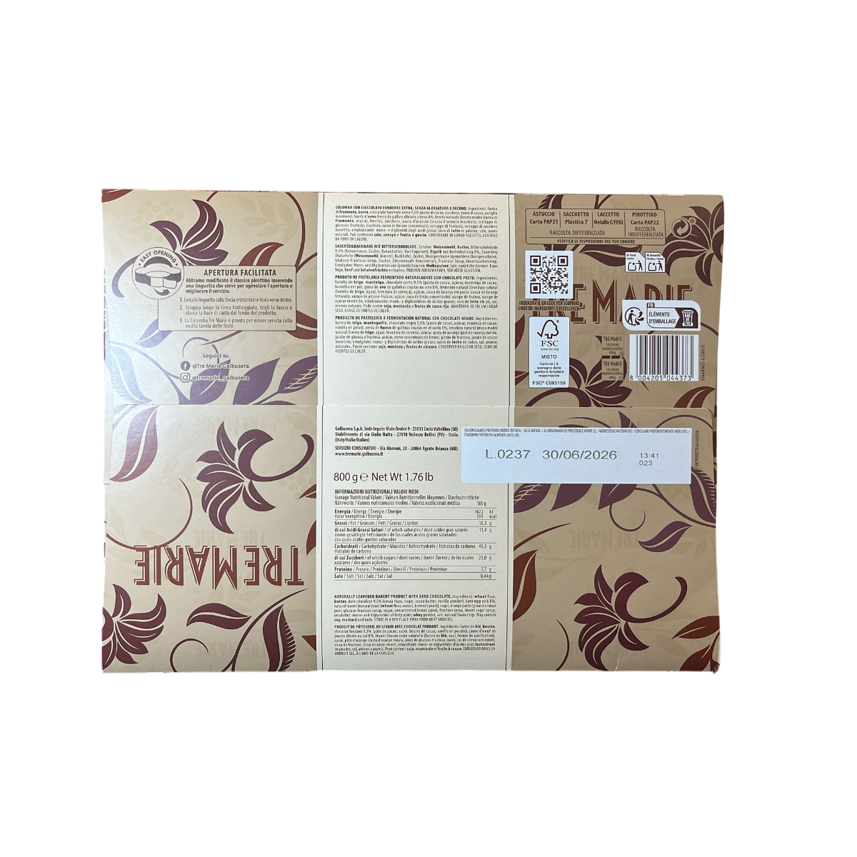 Tre Marie Magnificent Intense Colomba with Extra Dark Chocolate 800g