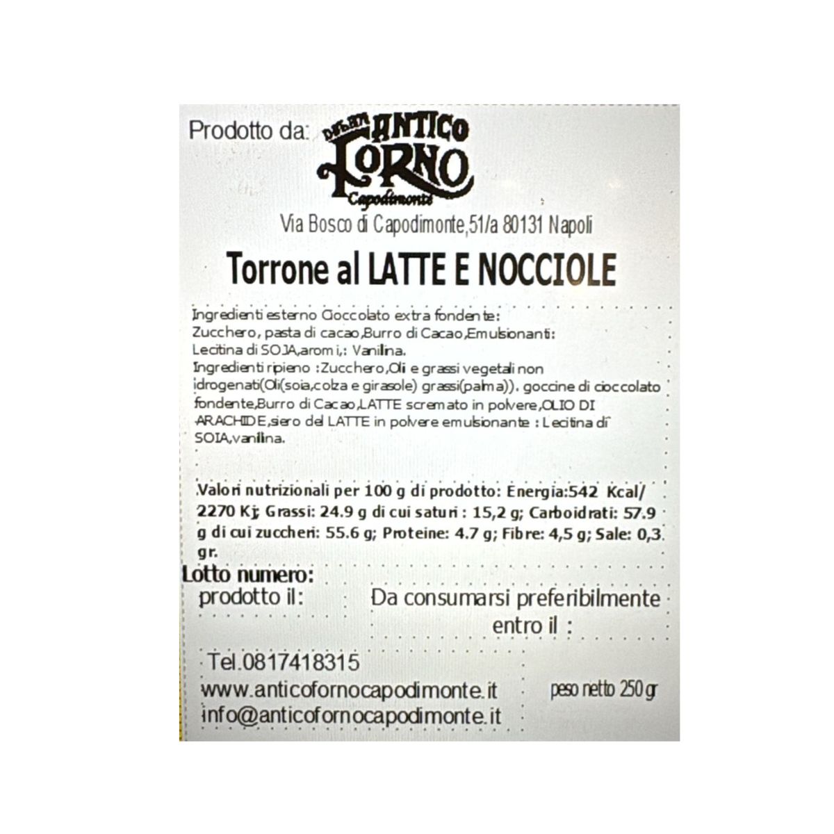 Torrone dei Morti con Avellanas (Antico Forno) 250 g – Dulce artesanal típico napolitano con chocolate y avellanas enteras