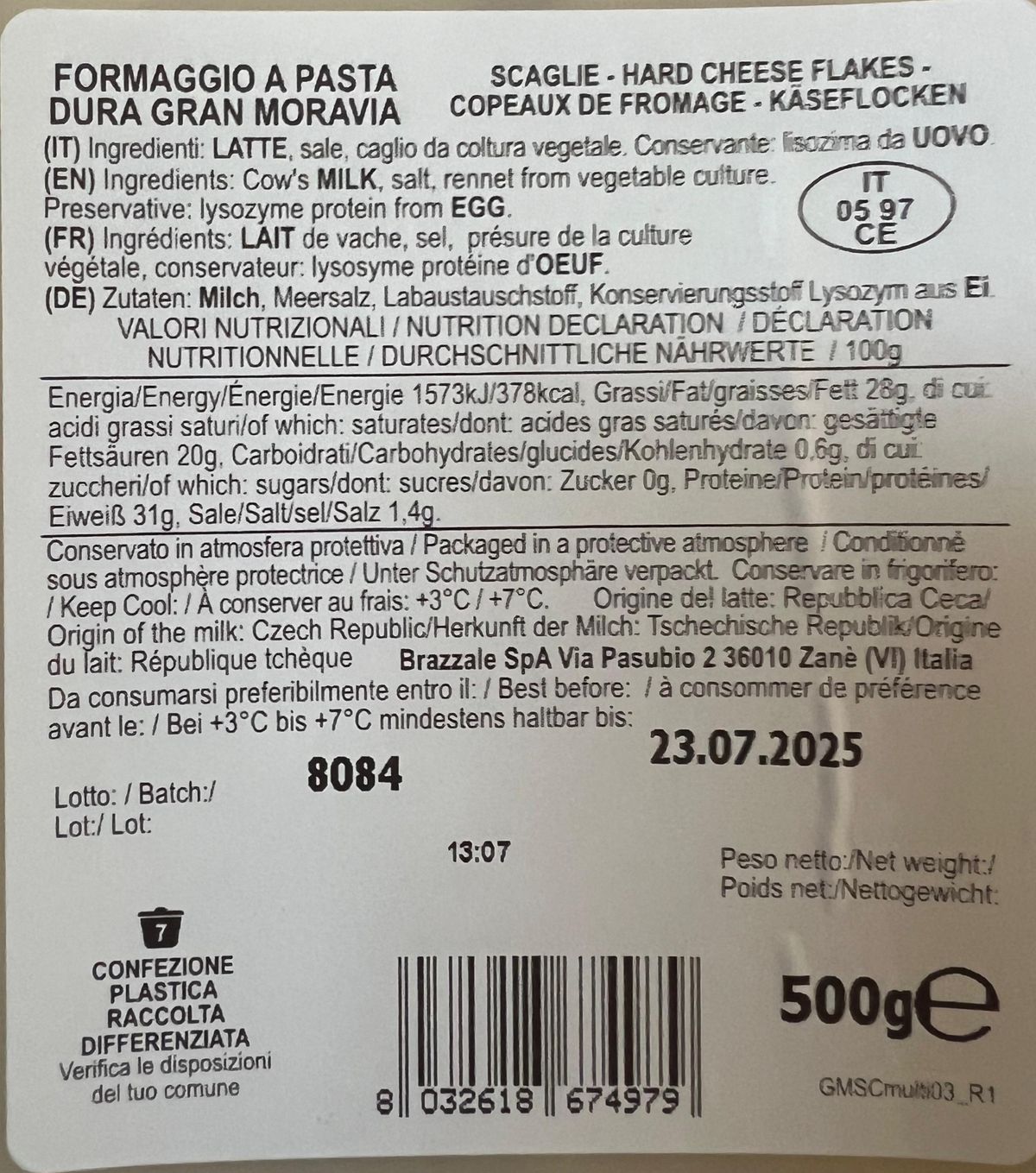 Brazzale Gran Moravia cheese in flakes 500 Gr.