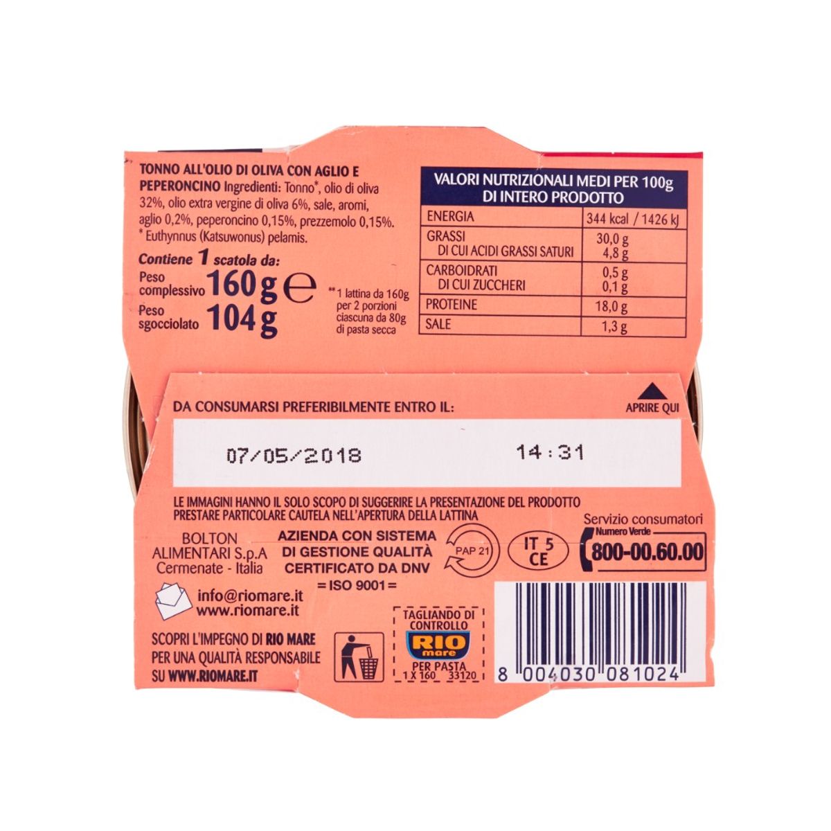 Rio Mare Condimento Per Pasta con Tonno , Aglio ,olio e Peperoncino 160 Gr.