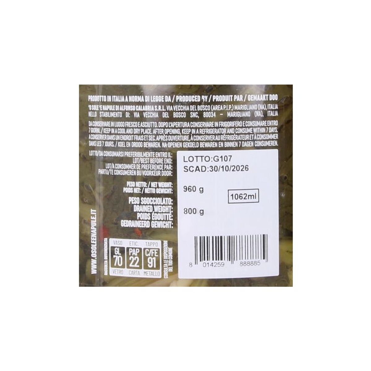 O Sole e Napule Friarielli Napoletani in vetro 960 Gr