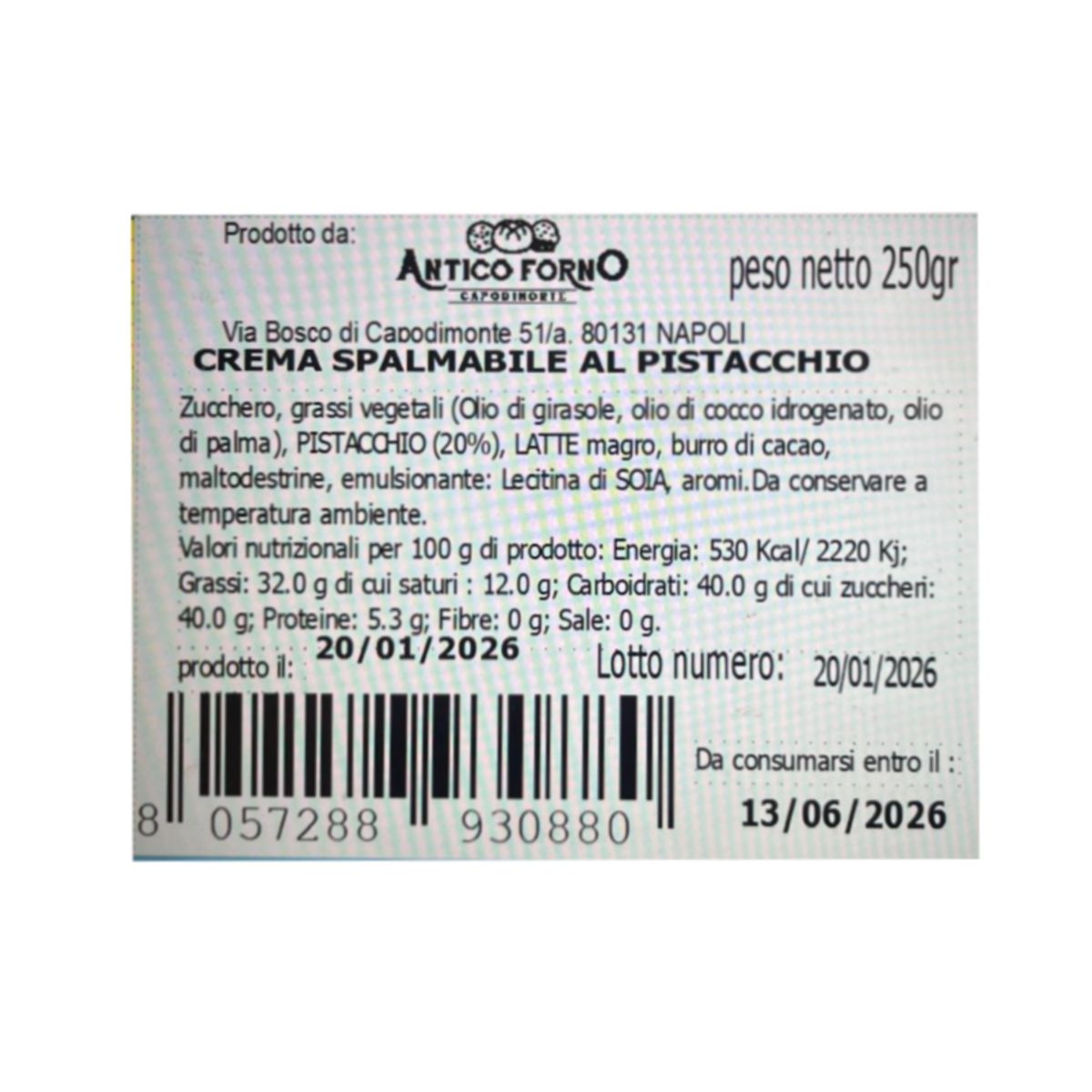 Antico Forno Crema Spalmabile Al Pistacchio 250 Gr