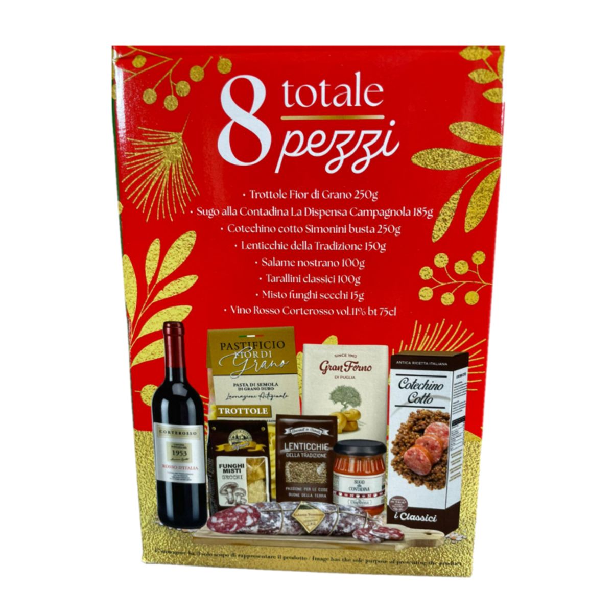 Cesta navideña "Sabores de Navidad" de Regalidea: set de regalo de 8 piezas con vino, salami, cotechino, pasta, salsa y especialidades italianas.