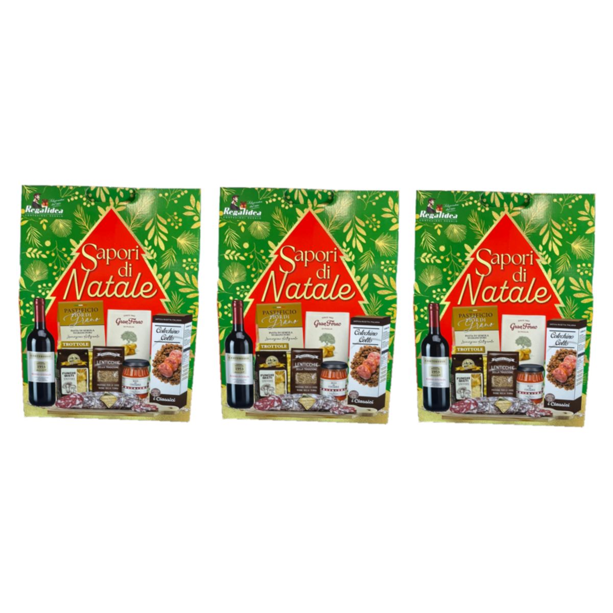 Cesta navideña Regalidea "Sabores de Navidad" - Set de regalo de 8 piezas con vino, salami, cotechino, pasta, salsa y especialidades italianas - 3 piezas