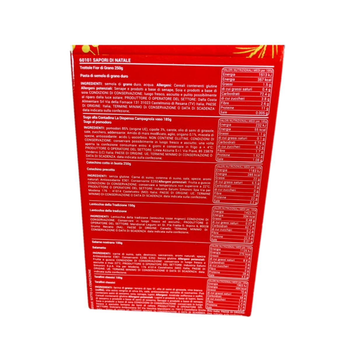 Cesta navideña "Sabores de Navidad" de Regalidea: set de regalo de 8 piezas con vino, salami, cotechino, pasta, salsa y especialidades italianas.