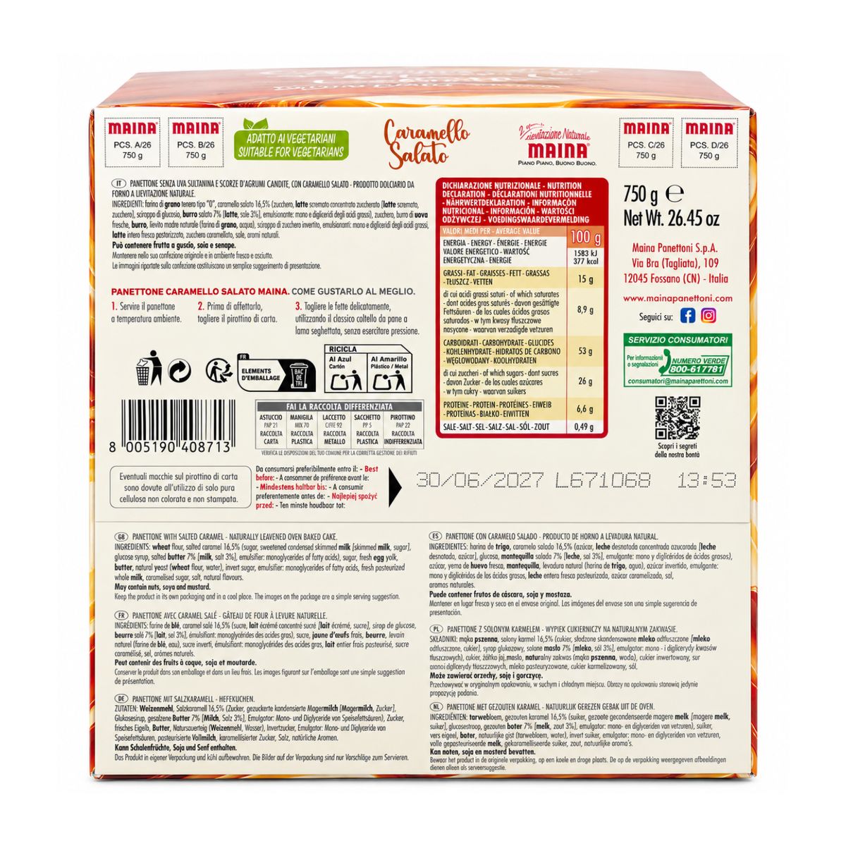 Panettone au caramel salé Maina 750 g – Panettone sans raisins secs ni écorces d'agrumes confites