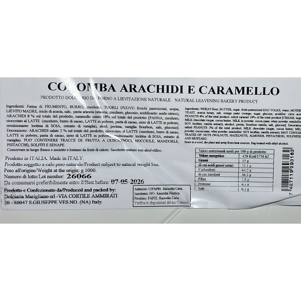 iMarigliano Peanut and Caramel Colomba 1 kg