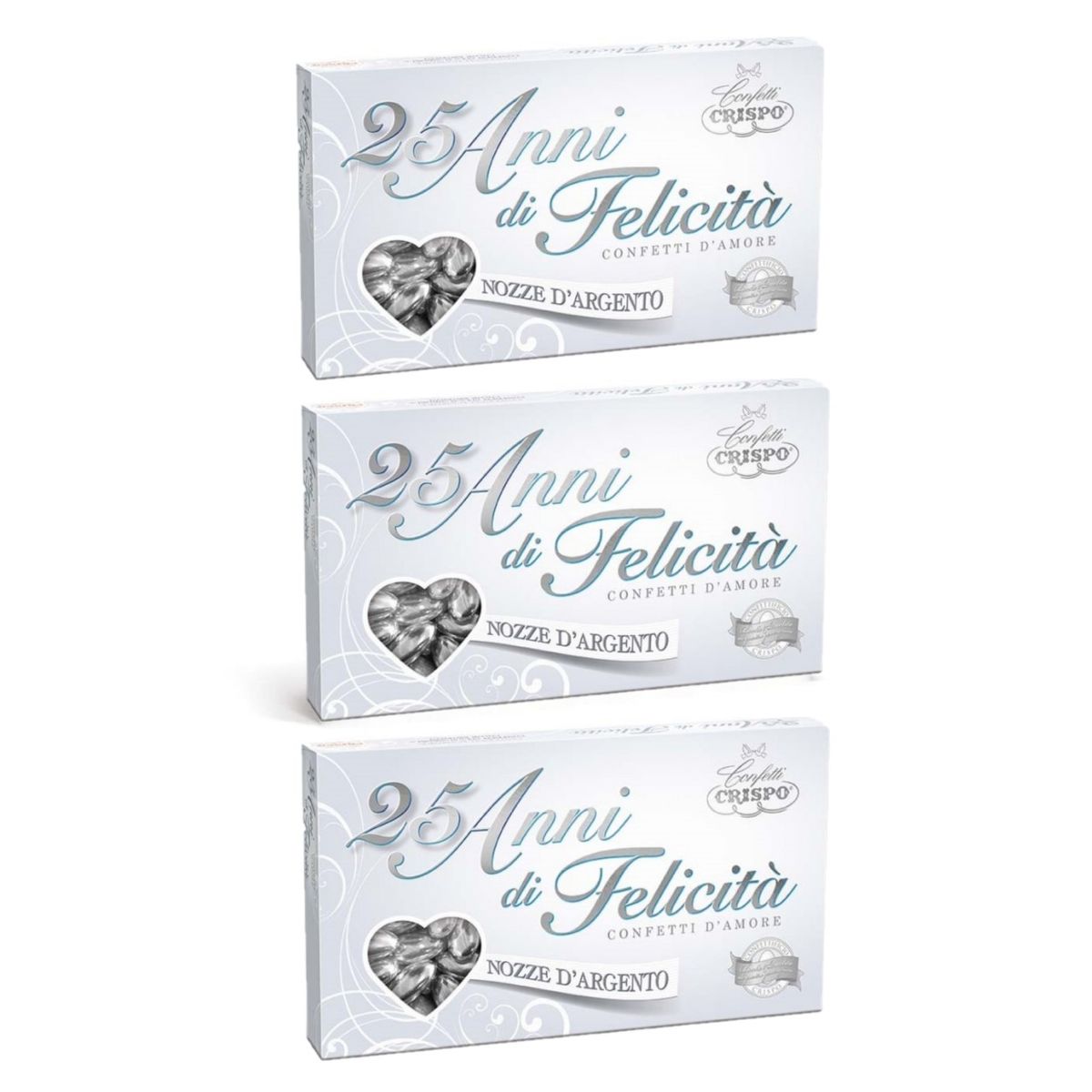 Crispo Confeti 25 años de Felicidad gragea de almendras plateadas extra peladas 500 Gr.