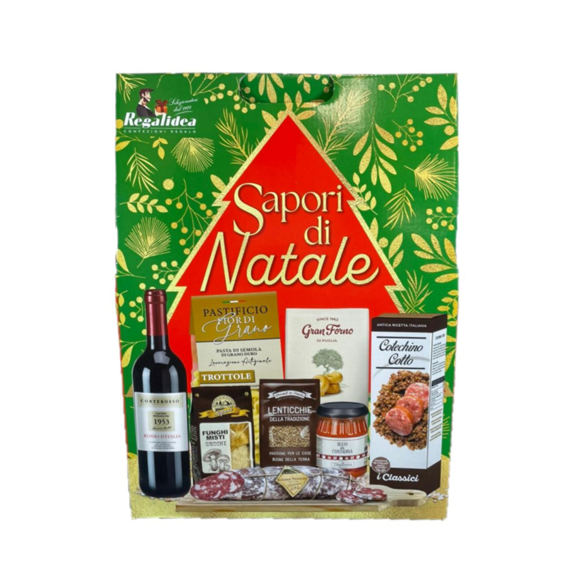 Cesto Natalizio “Sapori di Natale” Regalidea – Confezione Regalo 8 Pezzi con Vino, Salame, Cotechino, Pasta, Sugo e Specialità Italiane 