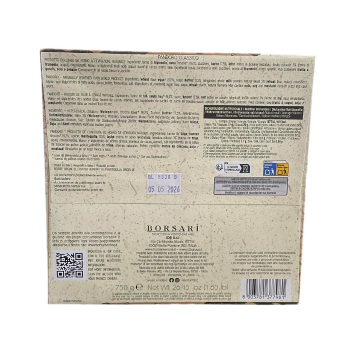 Borsari Pandoro Classico 750g – Soft Traditional Veronese Cake with Natural Leavening and Icing Sugar