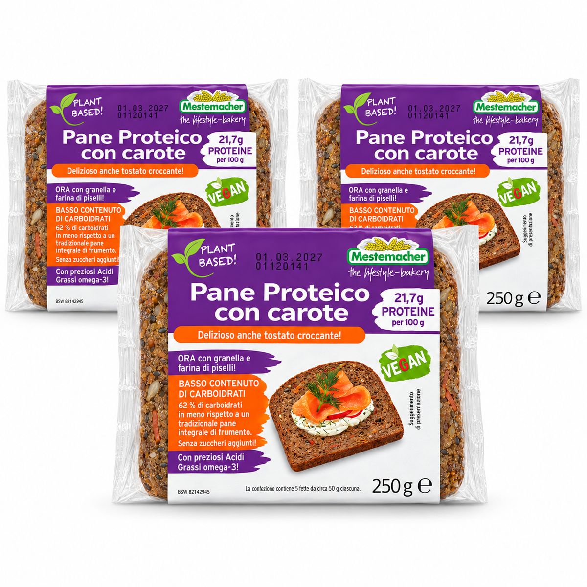 Mestemacher Pane Proteico con Carote 250 g - 3 pezzi