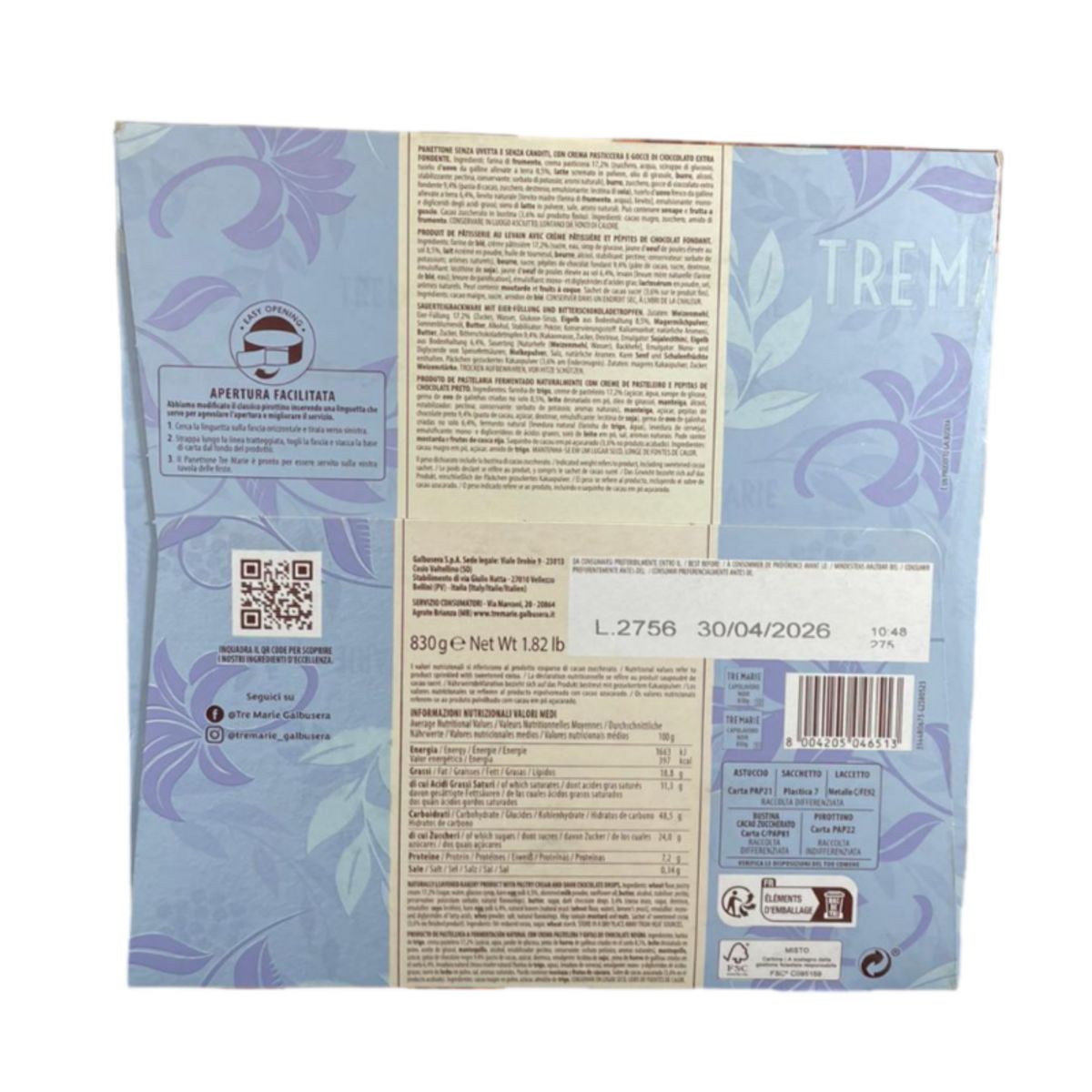 Panettone Tre Marie Capolavoro Noir 830g – À la crème pâtissière et aux pépites de chocolat noir extra – L’excellence de la tradition italienne