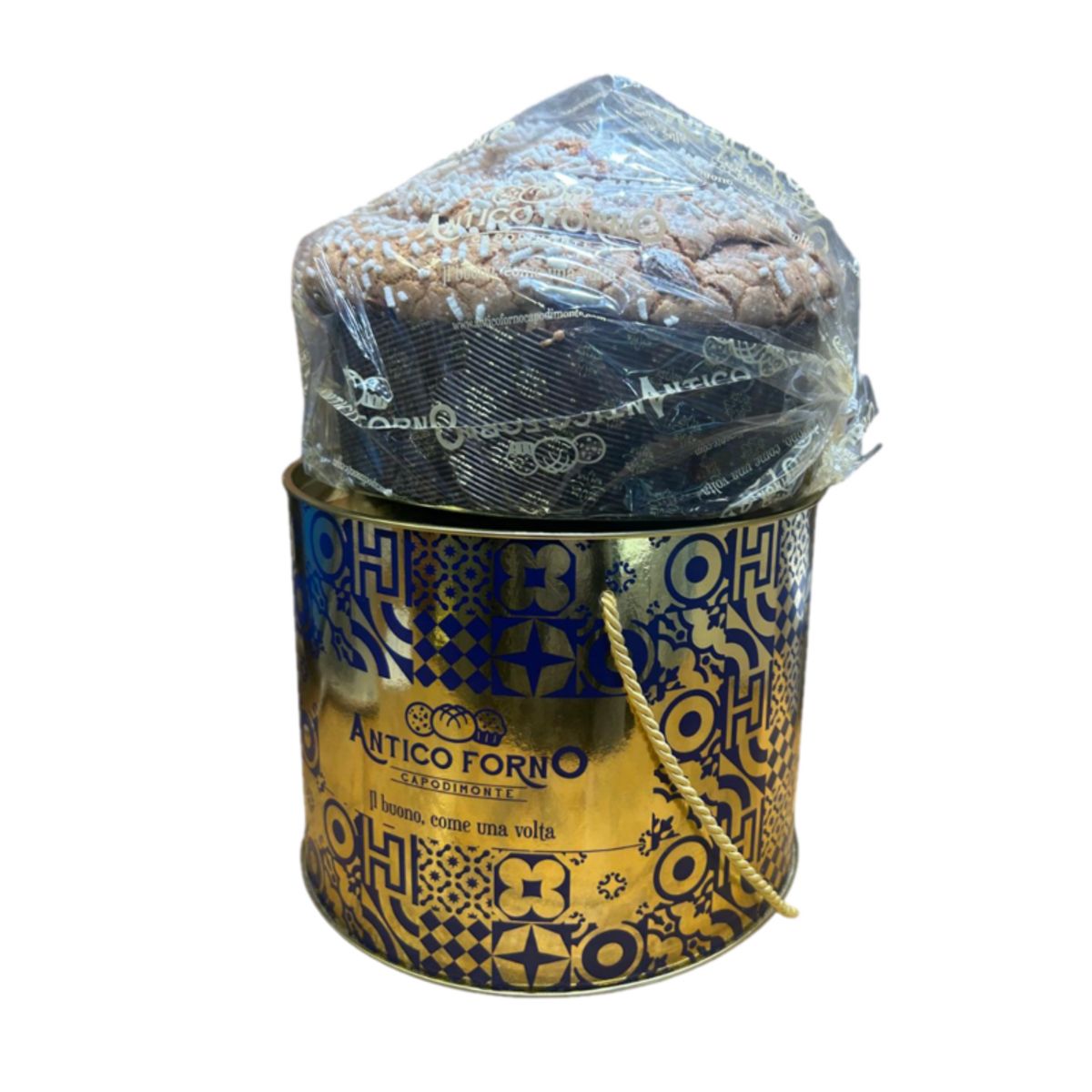 Panettone artisanal d'Antico Forno Capodimonte 1 kg – Classique aux fruits confits et aux amandes, présenté dans une élégante boîte cadeau.
