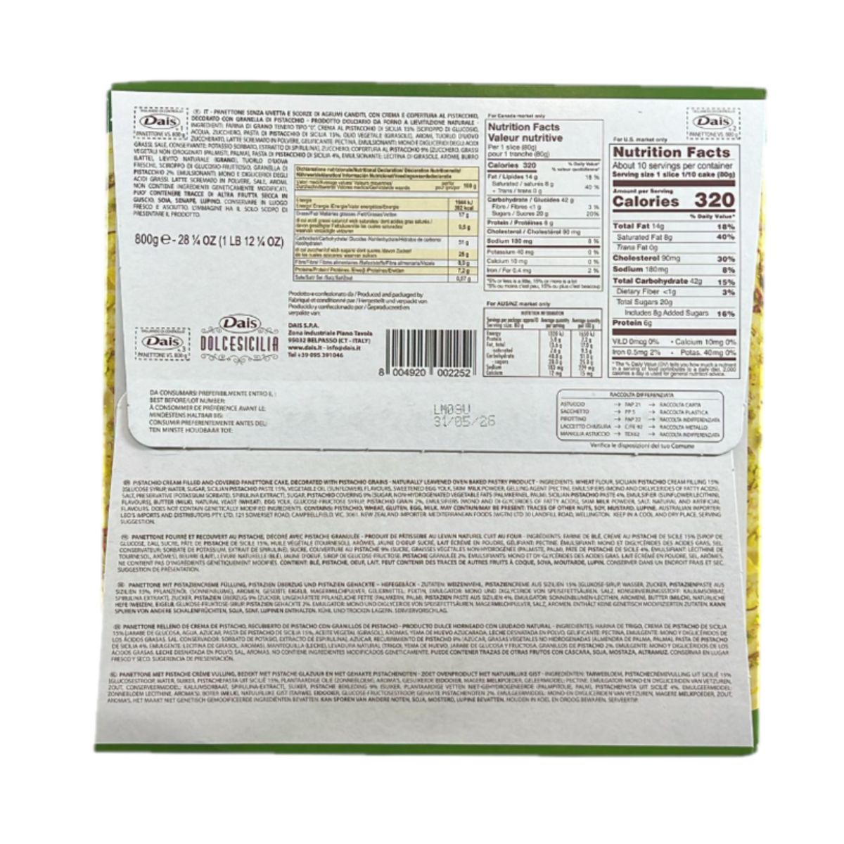 Panettone Verde Siciliano Dais Dolcesicilia Dais 800g – Con Crema de Pistacho Siciliano y Granos Crujientes – Postre Artesanal Siciliano