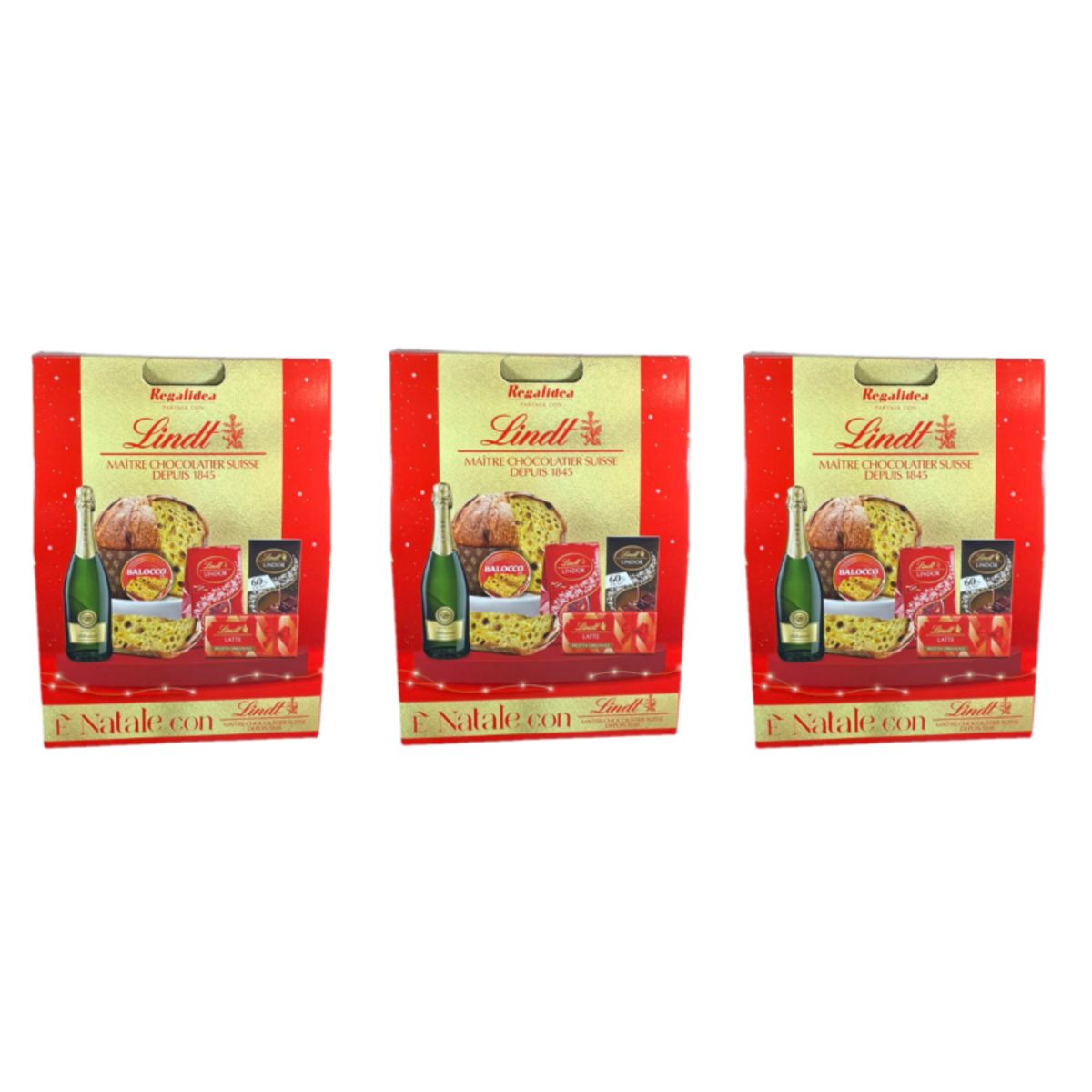 Cesta de regalo navideña Lindt & Balocco con panettone, bombones y vino espumoso: elegancia suiza y dulce tradición italiana (5 piezas) - 3 piezas