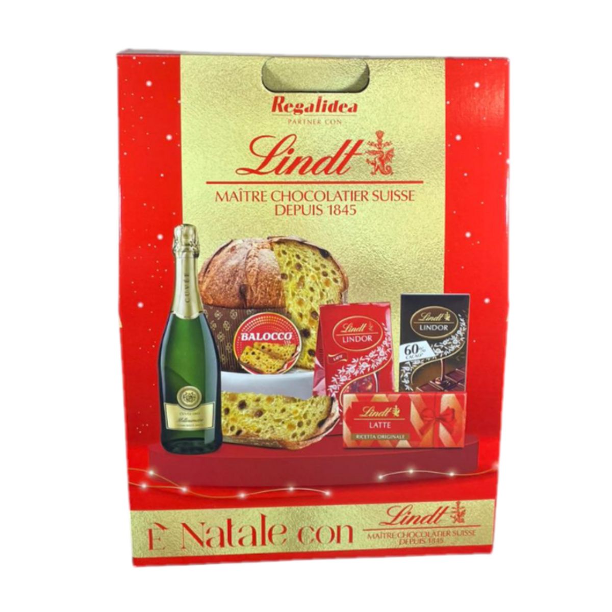 Cesta de regalo navideña Lindt & Balocco con panettone, bombones y vino espumoso: elegancia suiza y dulce tradición italiana (5 piezas)