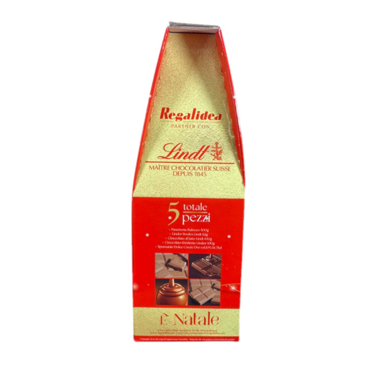Cesta de regalo navideña Lindt & Balocco con panettone, bombones y vino espumoso: elegancia suiza y dulce tradición italiana (5 piezas)