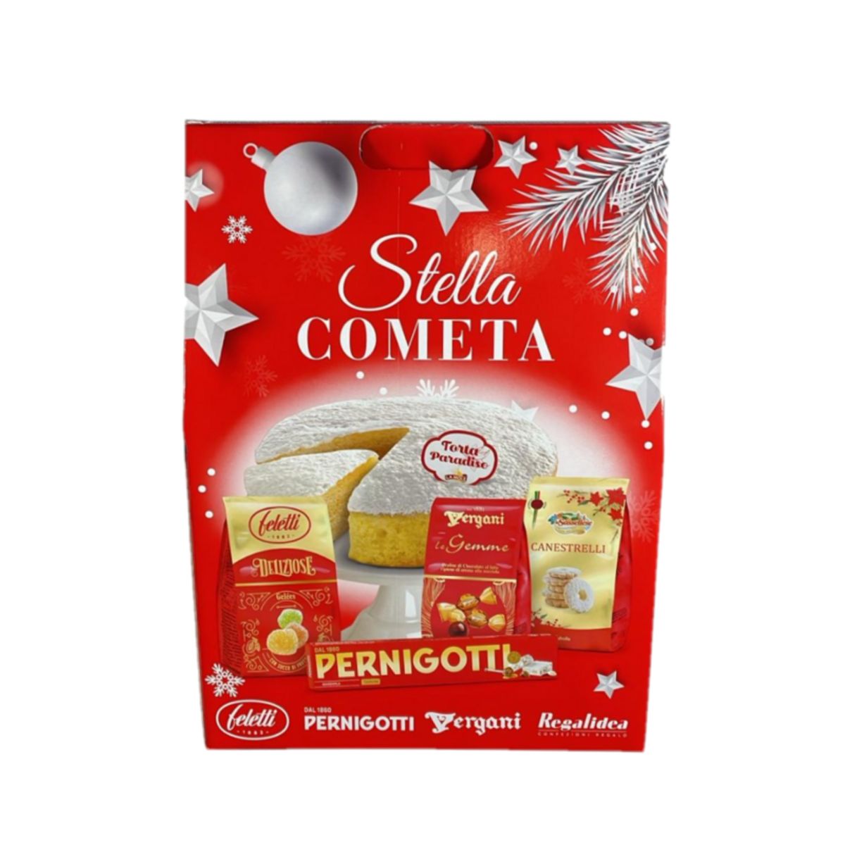 Cesta Regalo Dolce “Stella Cometa” – 5 Specialità Italiane: Torta Paradiso, Torrone Pernigotti, Praline Vergani e Dolci Feletti