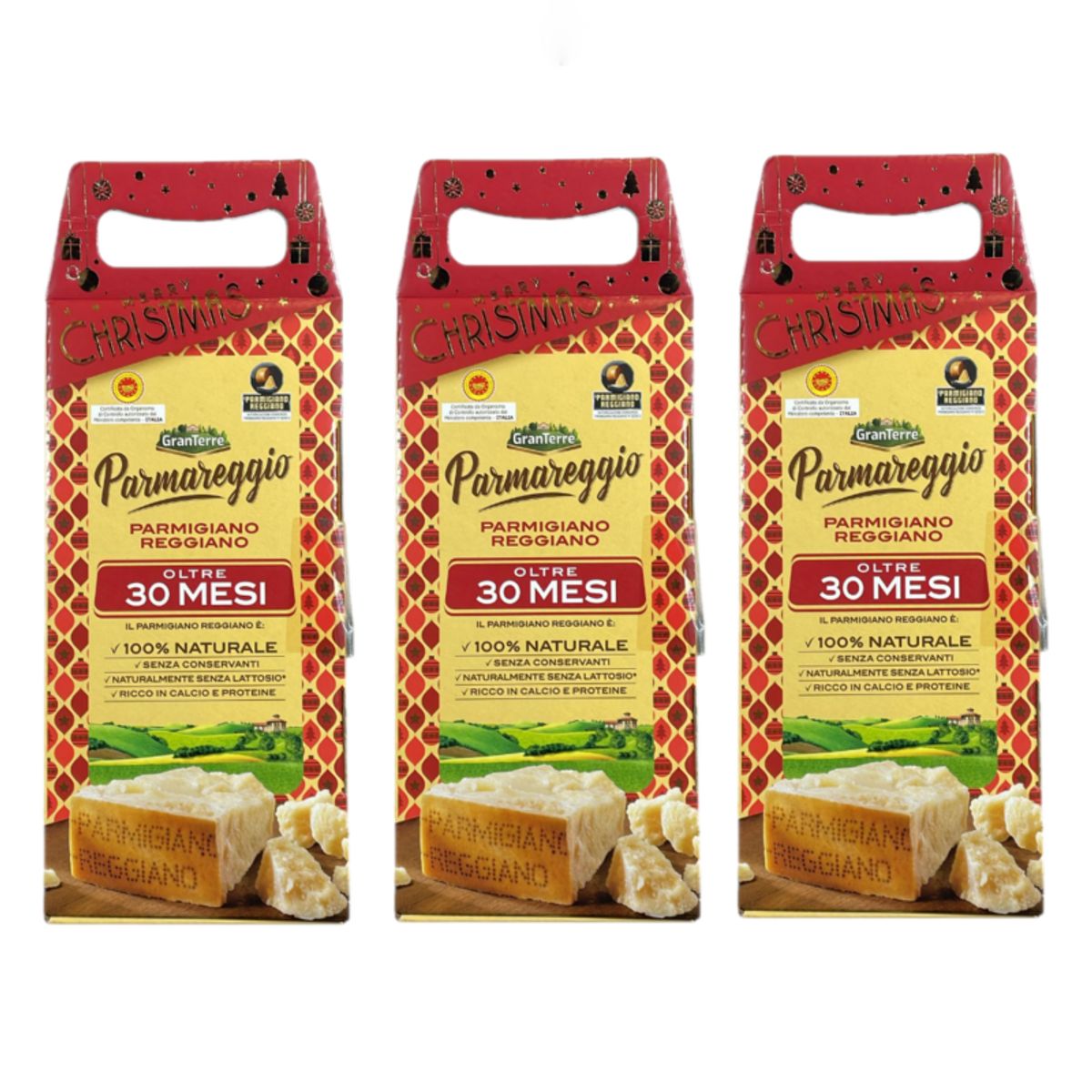 Parmareggio Parmigiano Reggiano DOP, über 30 Monate gereift – 100 % natürlicher italienischer Käse, laktose- und konservierungsmittelfrei – Weihnachtsgeschenkpackung 500 g – 3 Stück
