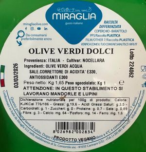 Aceitunas Verdes Dulces Miraglia Cultivo Nocellara 1,65 Kg_1