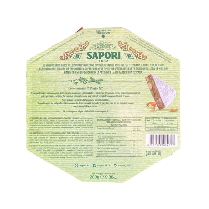 GMGK172○Saporiti Italia / サポリティ イタリア バーズ Sapori Pistachio Panforte 280 g | Traditional Tuscan Dessert - You