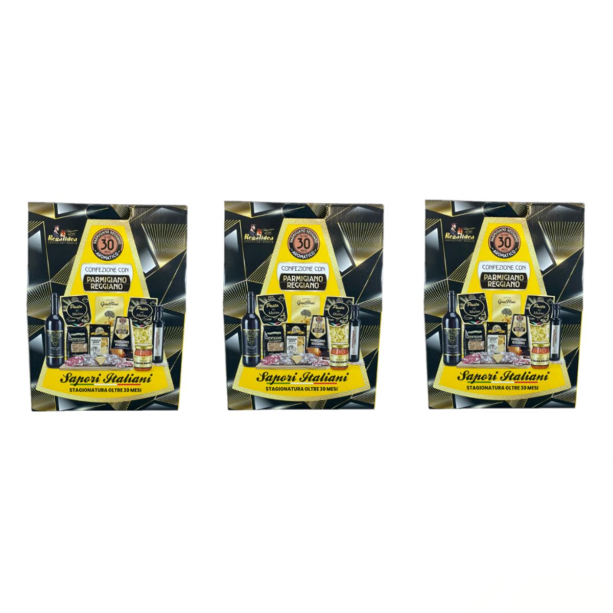 Caja de regalo «Sabores Italianos» con Parmigiano Reggiano DOP añejo de 30 meses – 10 especialidades gourmet italianas típicas – 3 piezas