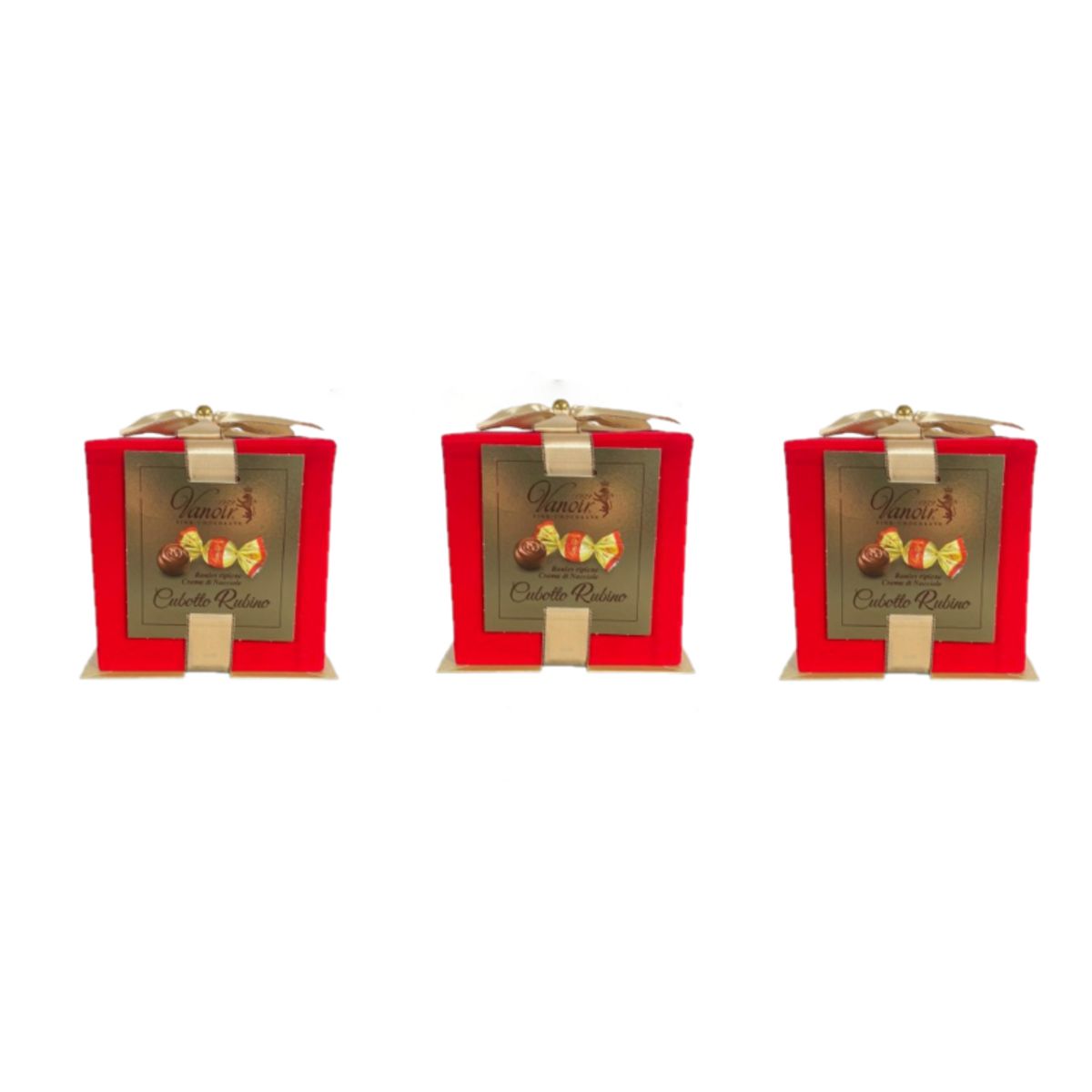 Vanoir Cubotto Rubino 205g – Milk Chocolate Pralines Filled with Hazelnut Cream, Elegant Red Velvet Gift Box - 3 Pieces