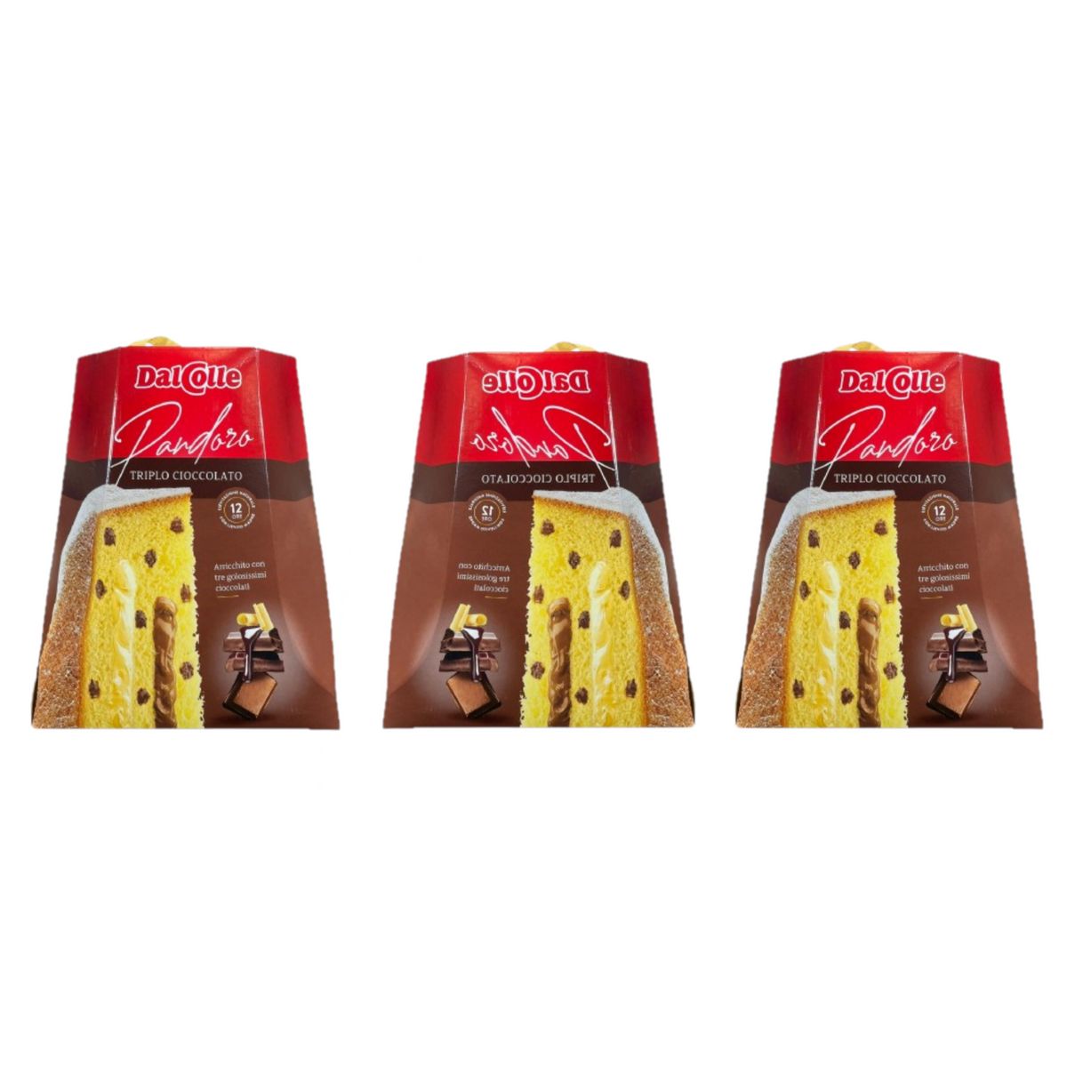 Pandoro DalColle Triplo Cioccolato – Soffice Dolce Italiano con Gocce, Crema e Copertura al Cioccolato - 3 Pezzo