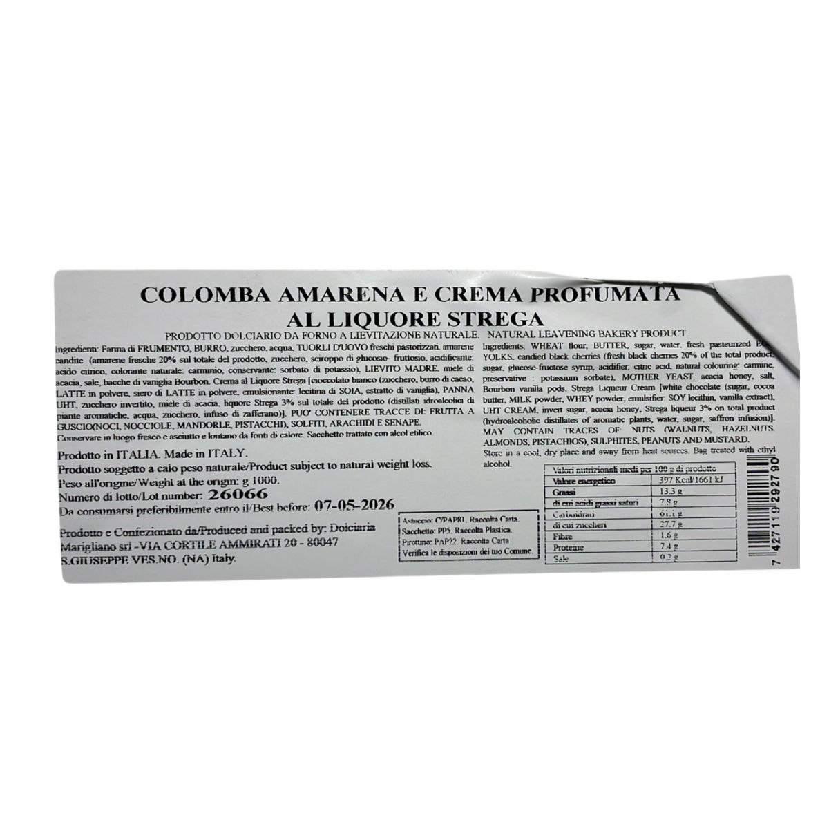 iMarigliano Artisan Colomba with Black Cherry and Strega Cream 1 kg