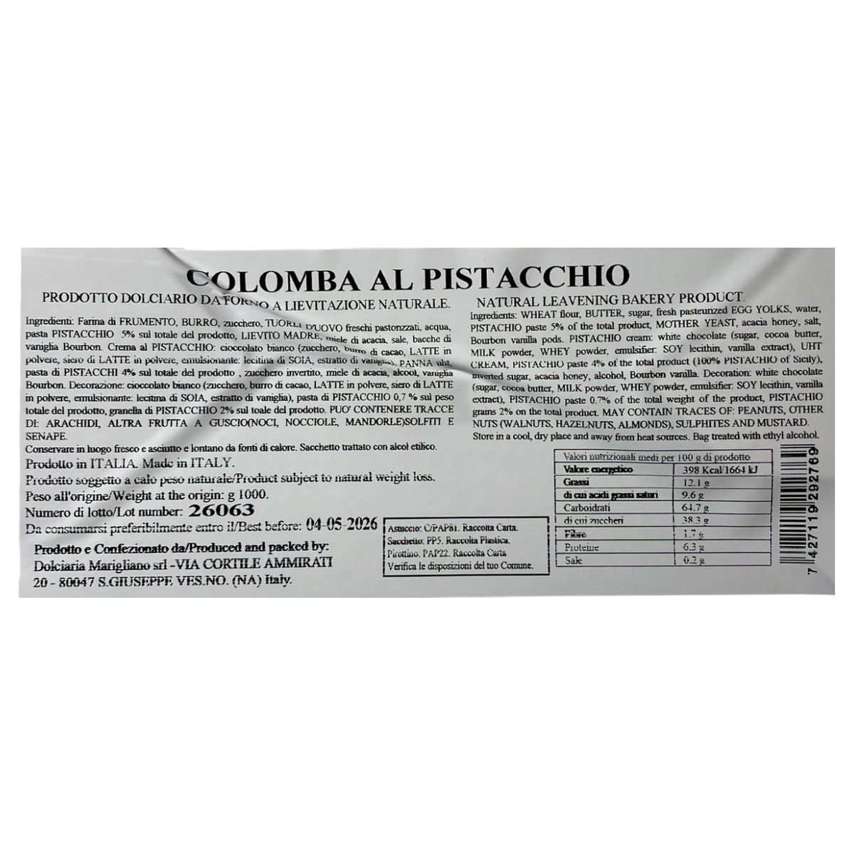 iMarigliano Artisanal Pistachio Colomba 1kg