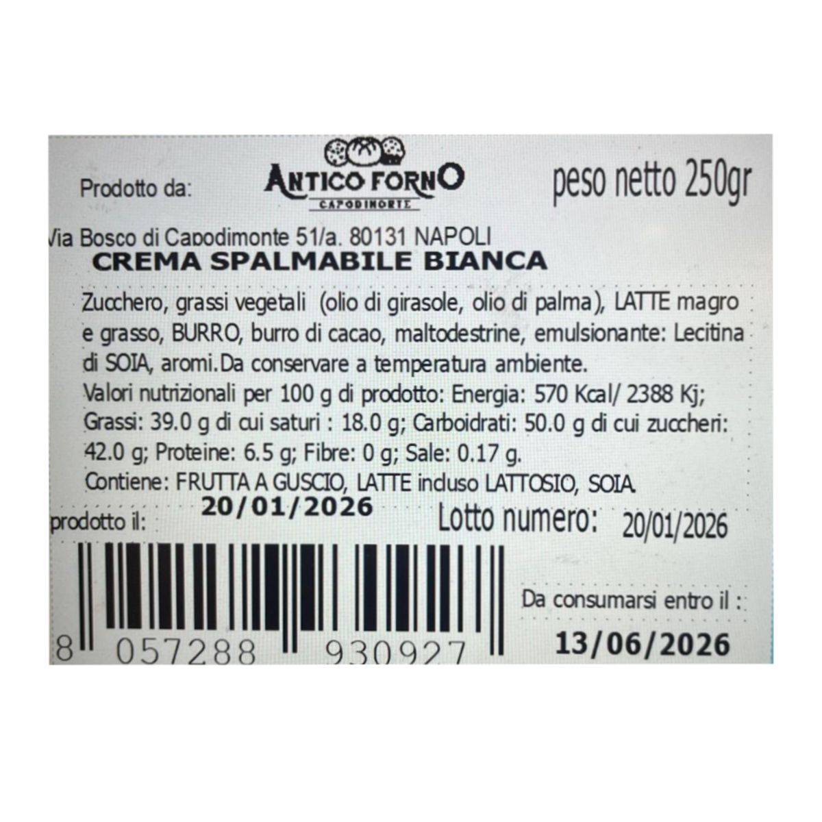 Antico Forno Crema Spalmabile Bianca 250 Gr