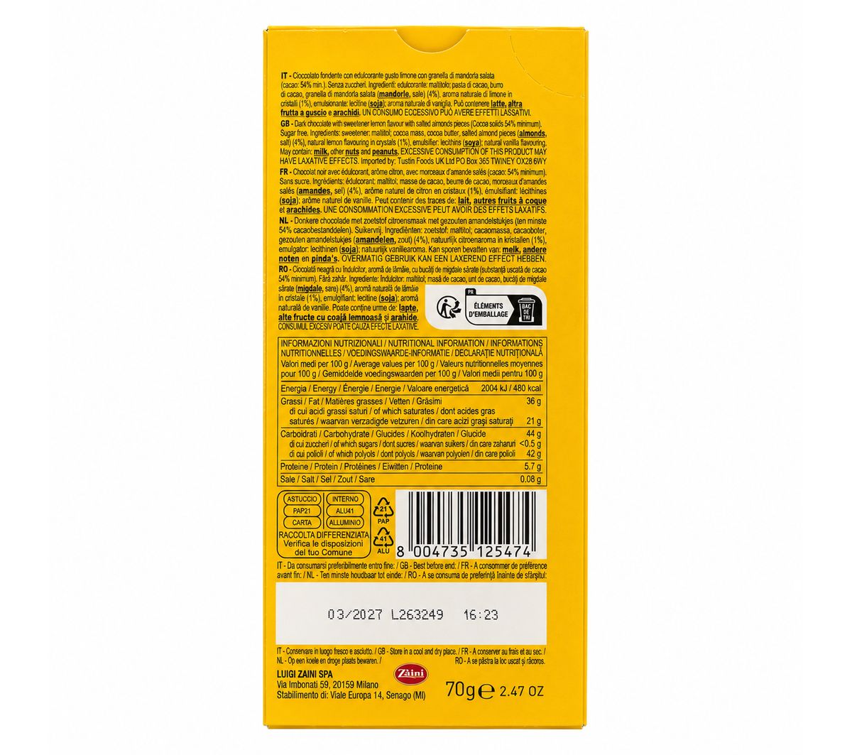 Zaini Zero Sugar Dark Chocolate Almond and Lemon 70g