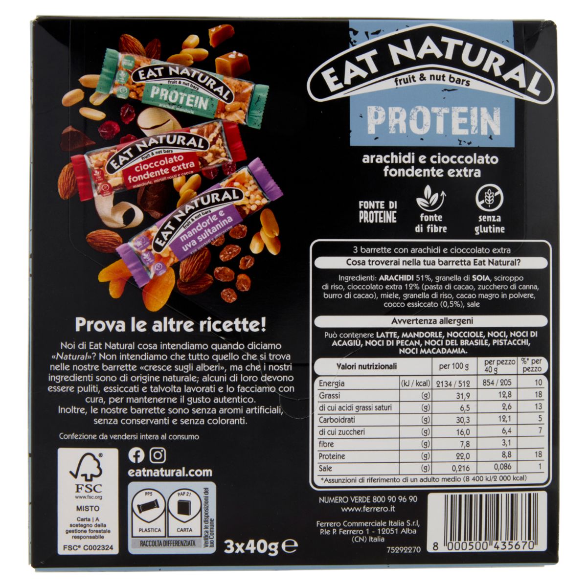 Eat Natural Protein Arachidi e Cioccolato Fondente Extra 3 x 40 Gr.
