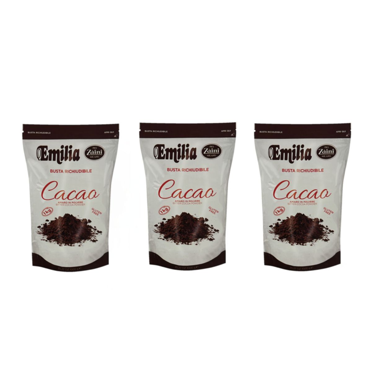 Emilia Bitter Cocoa Powder 1 kg – Gluten Free – Resealable Bag Zaini Milano - 3 Pieces